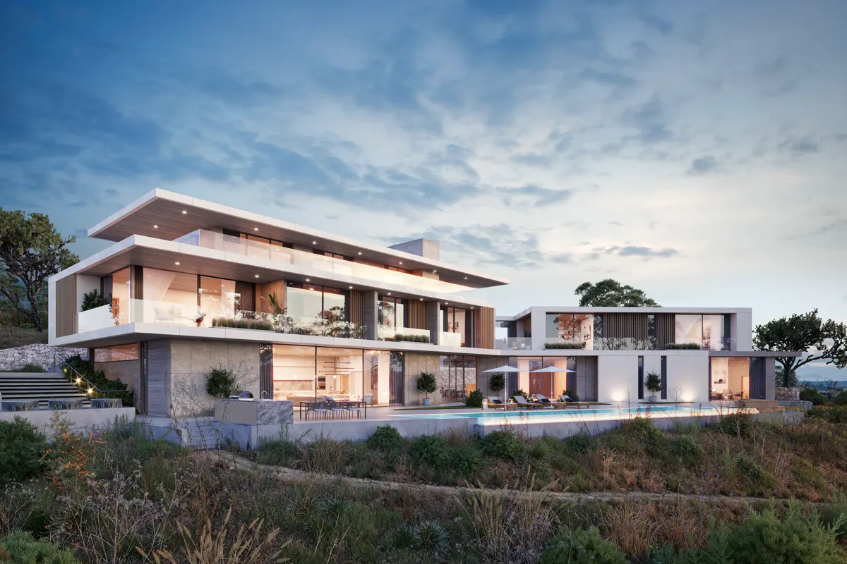 Illustrative photo, not this property: a rendering of a modern villa with a pool