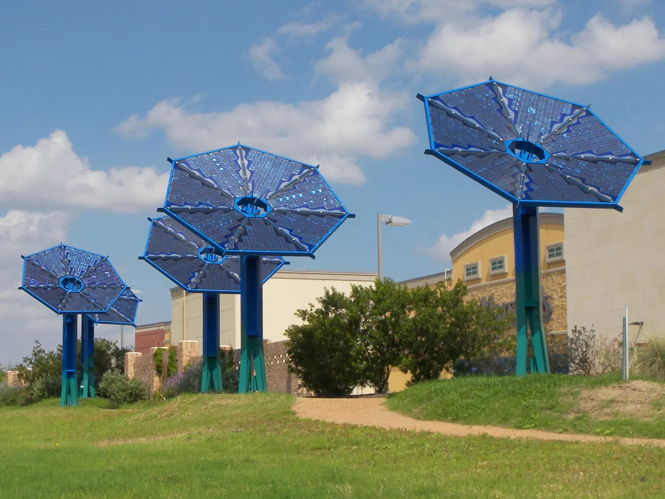 The blue flower-shaped solar array at Mueller