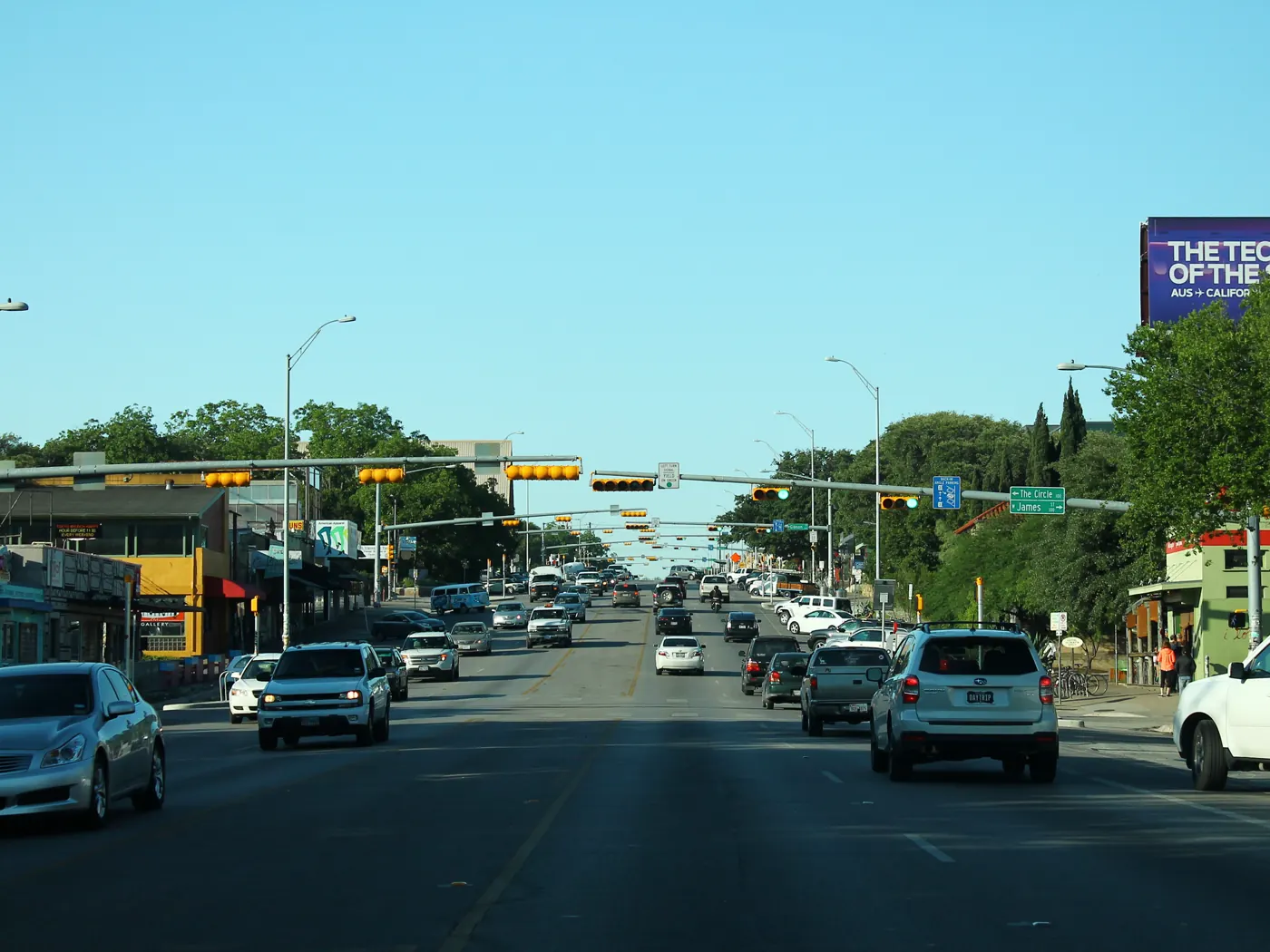 South Congress Avenue looking north, with shops along both sides